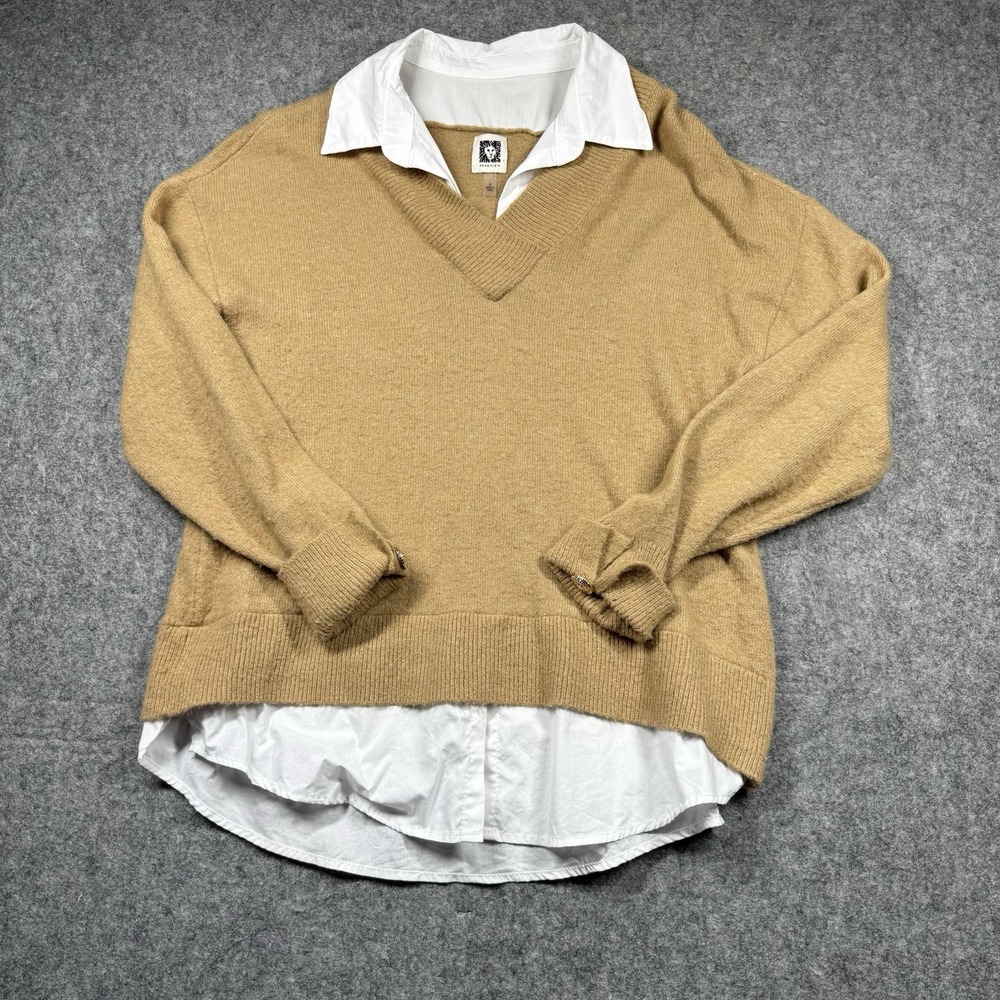Anne Klein Carmel Sweater W/‎ White Collar & Button Sleeve Accent Womens S Retro